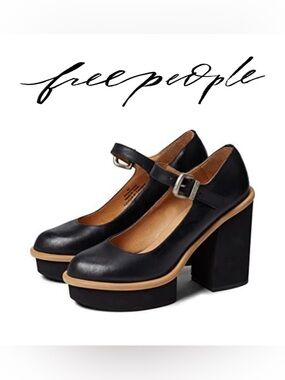 Free People Maggie Mary Jane Platform Heels Black Leather 37 Retro Chic